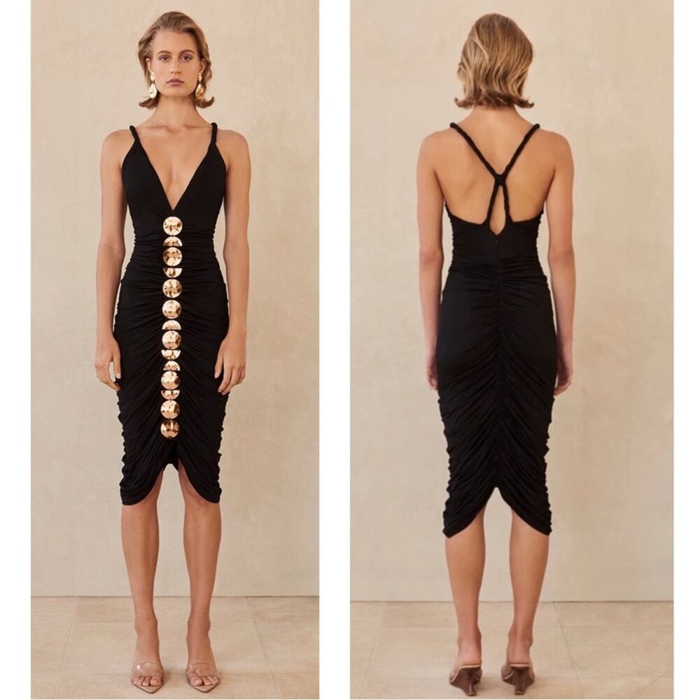Cult Gaia Jalina Ruched Gold Detail Bodycon Black Midi Dress Size Small